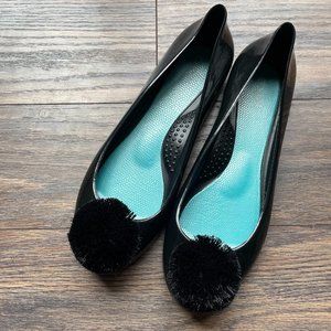 OKA-B Black Taylor Flats with Poms, Slip On Ballet Flats in Size 8